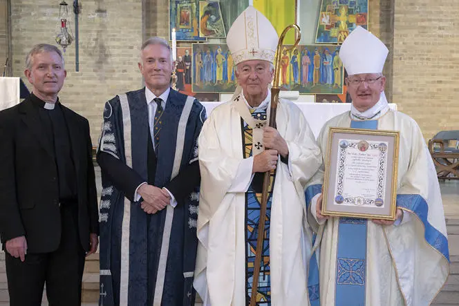 group photo of Mgr Paul McPartlan, Prof Anthony McClaran, HE Cardinal Vincent Nichols, Bishop Richard Moth