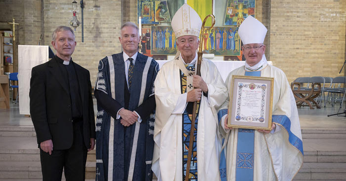 group photo of Mgr Paul McPartlan, Prof Anthony McClaran, HE Cardinal Vincent Nichols, Bishop Richard Moth