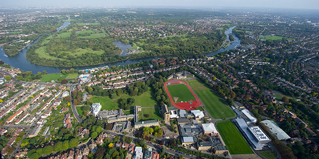 Aerial view of St Mary's University campus, Twickenham.