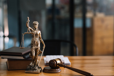 Lady Justice statue holding scales, with a judge's gavel on a wooden desk.