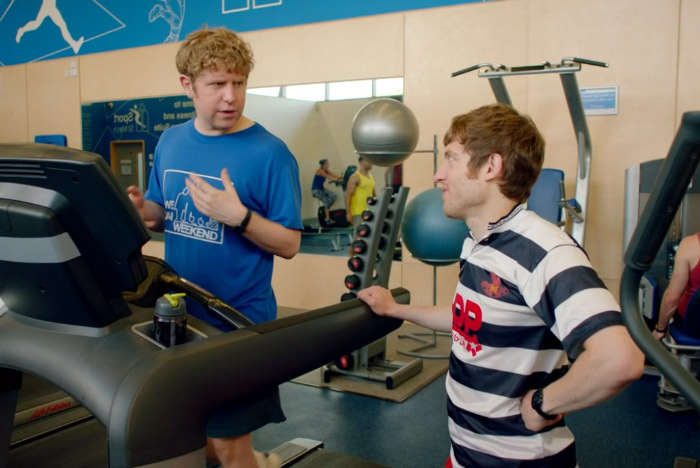 Still from a scene in Josh Widdecombe's BBC sitcom filmed in the St Mary's gym