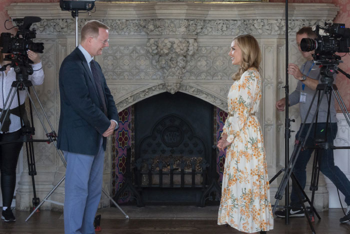 Katherine Jenkins interviews Prof Peter Tyler in the Waldegrave Drawing Room during the filming of Songs of Praise