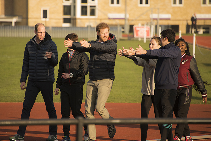 Duke and Duchess of Cambridge and Harry with Nick Knowles on the Sir Mo Farah Athletics Track filming for BBC's Mind Over Matter