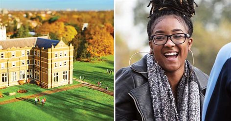 Student smiling and aerial photo of campus