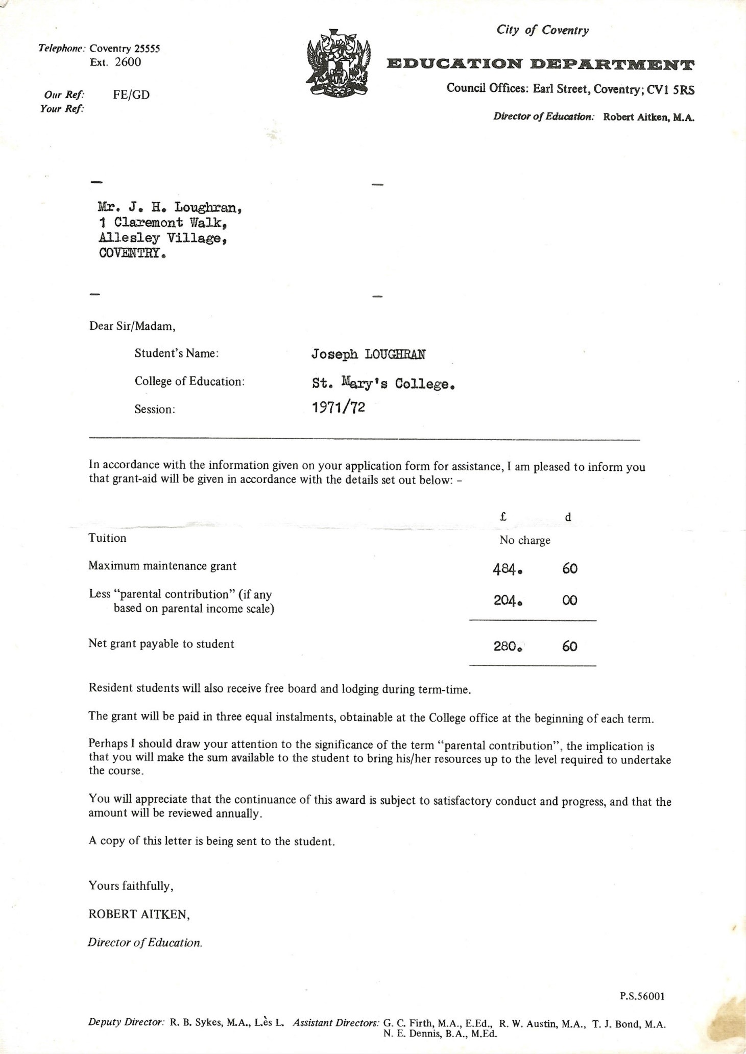 A letter discussing a grant payment to a student in 1971/72.