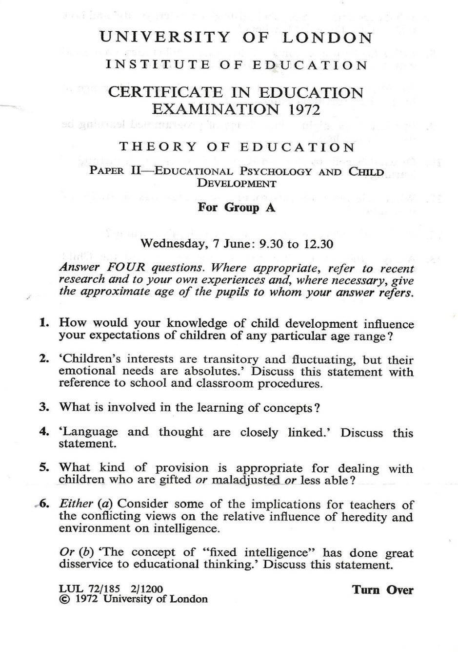 A 1972 examination for a Certificate in Education.