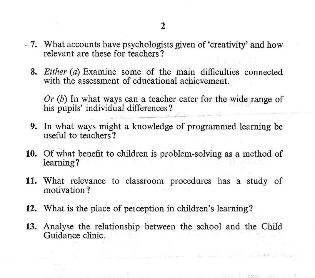 The second page of the 1972 Certificate in Education exam.