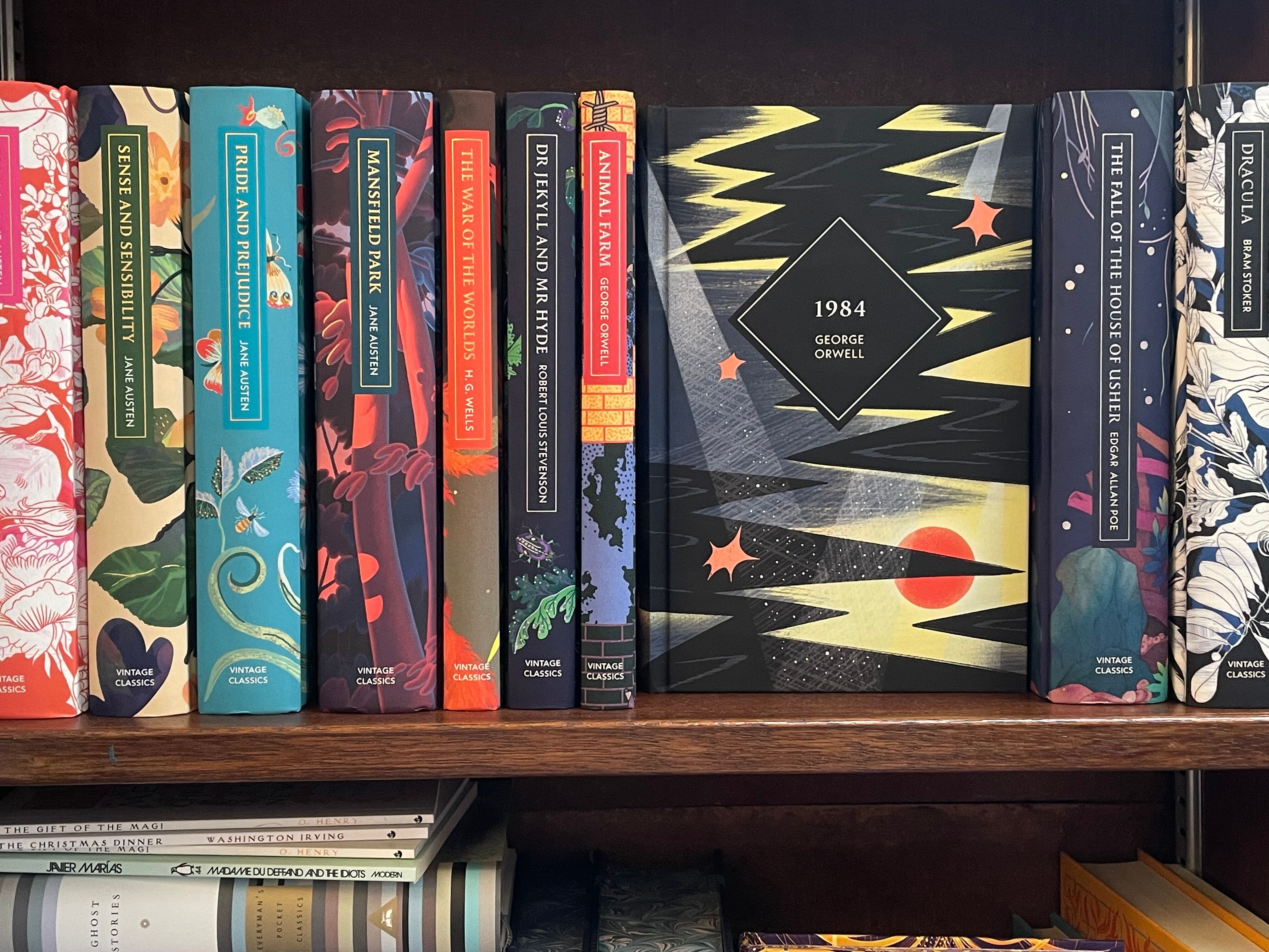 Colourful books on a bookshelf.