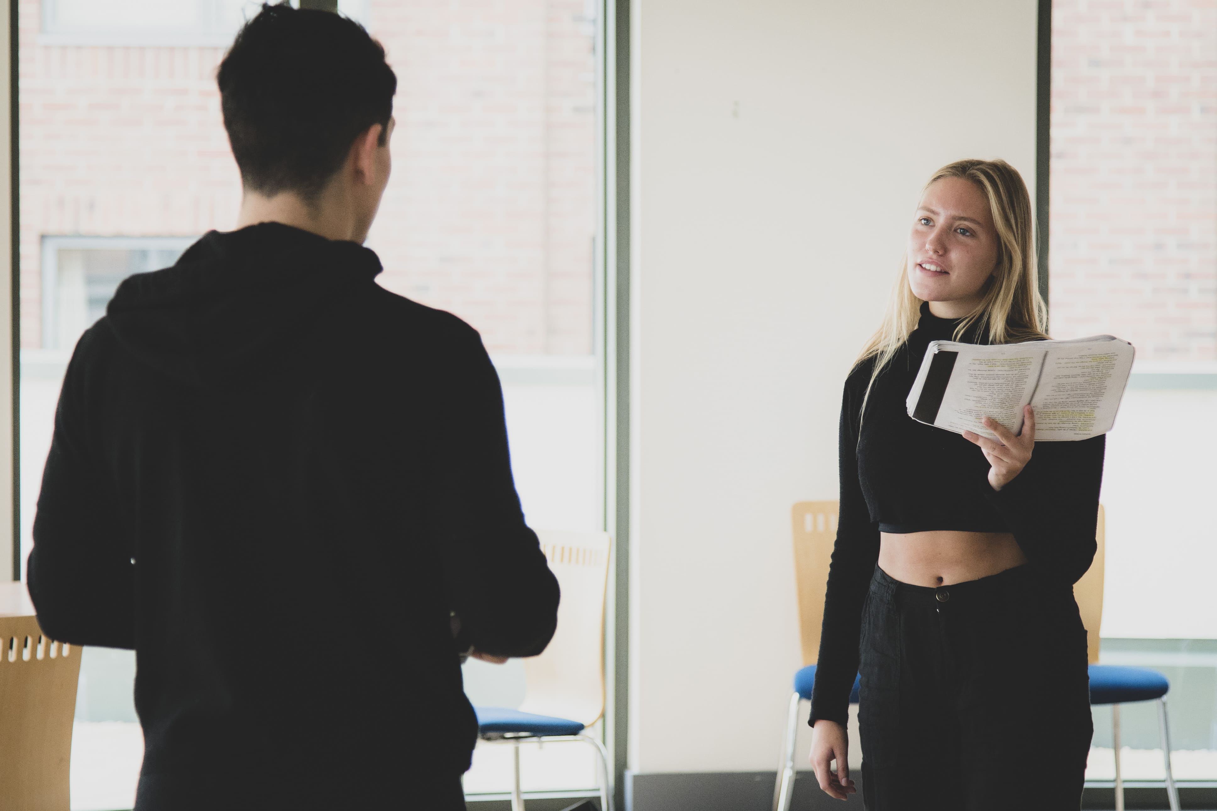 Two students rehearsing a scene in the Exchange Conservatory.