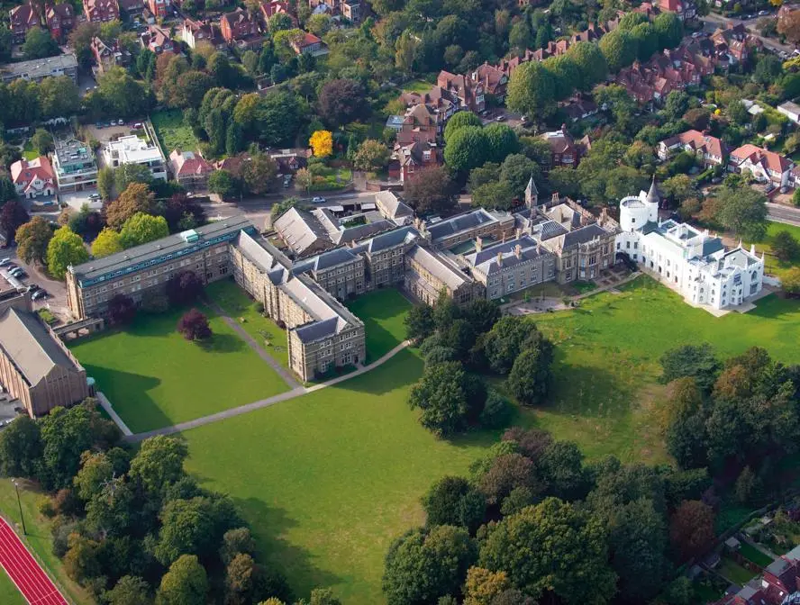 Aerial view of St Mary's University campus and surrounding playing fields.