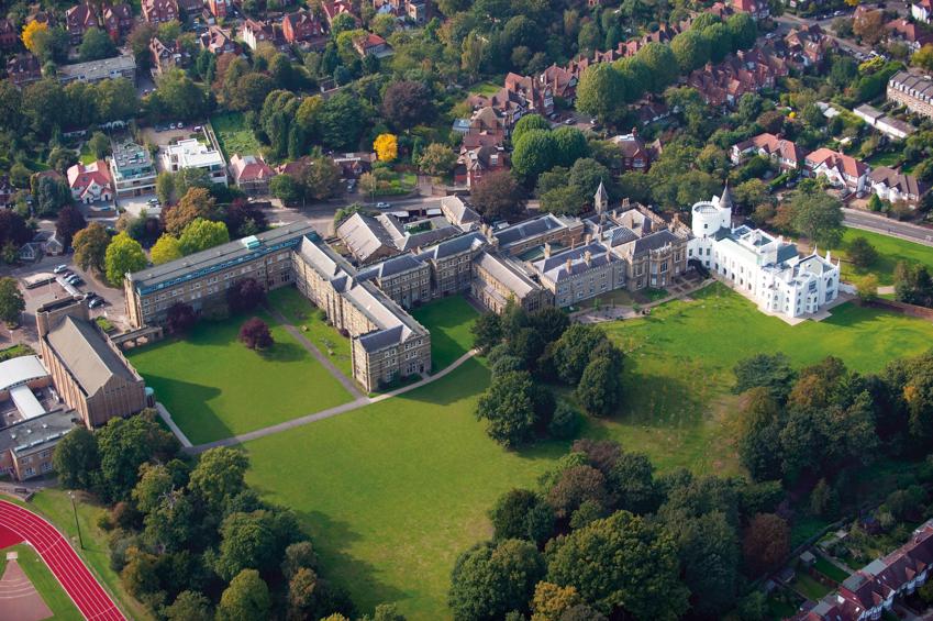Aerial view of St Mary's University campus and surrounding playing fields.