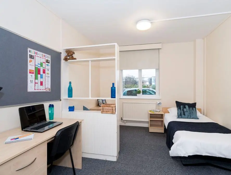Student bedroom with a single bed, desk and shelving used as a room divider.