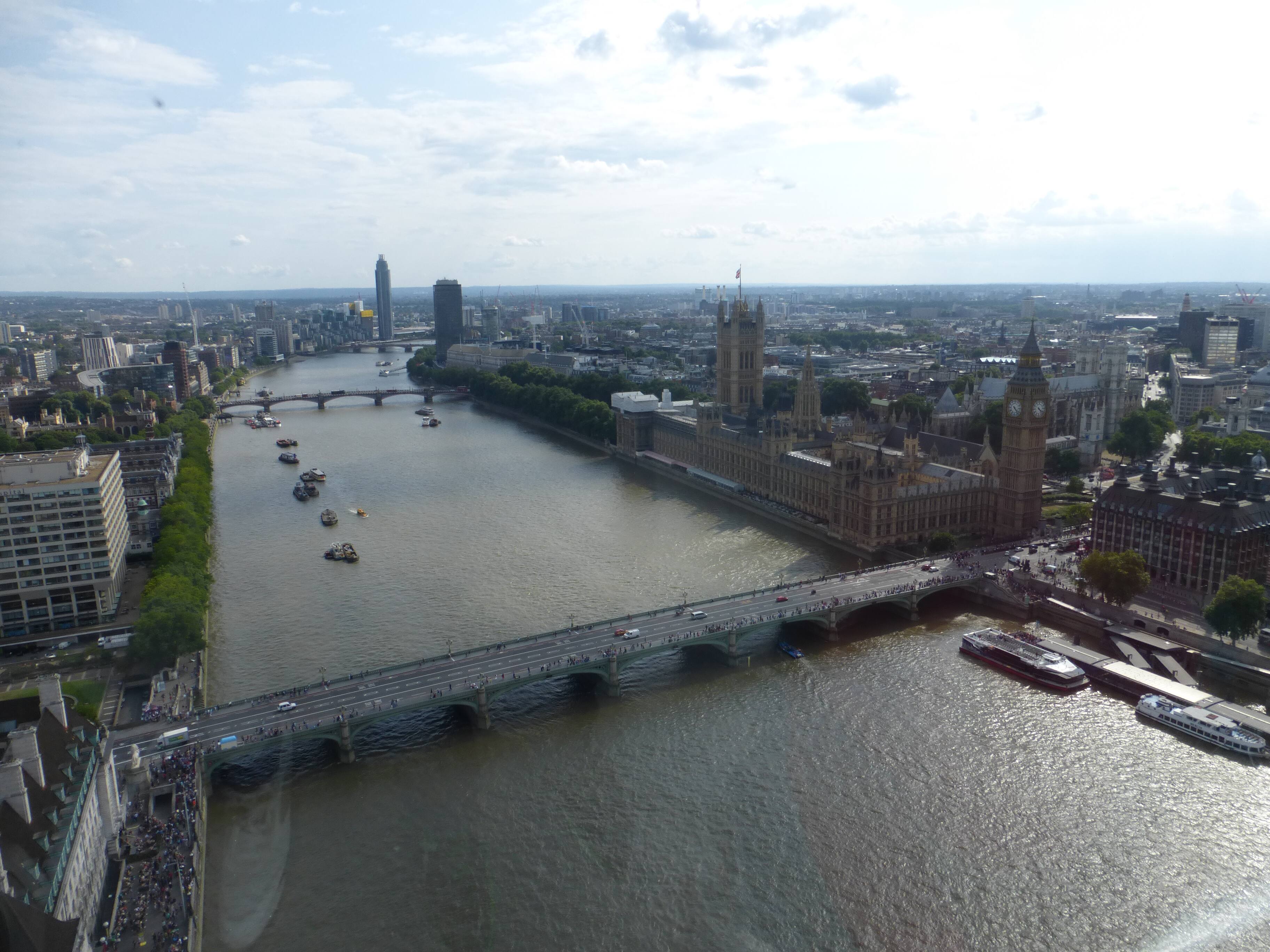 Aerial view of the Thames, Westminster Bridge and the Houses of Parliament.
