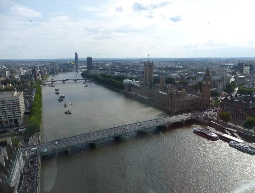 Aerial view of the Thames, Westminster Bridge and the Houses of Parliament.