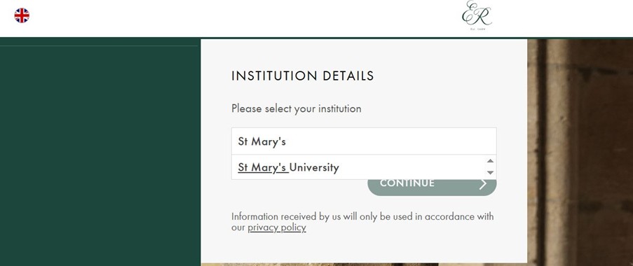 The Ede & Ravenscroft website displaying St Mary's University in the dropdown for the 'Institution Details' field.
