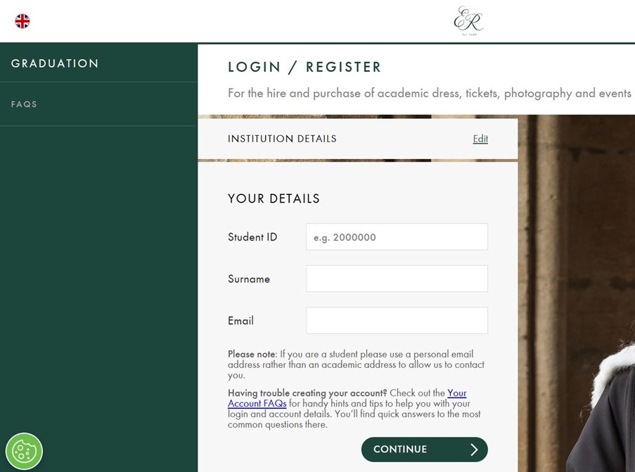 The Ede & Ravenscroft website 'Your details' field asking for your student ID, surname and email.