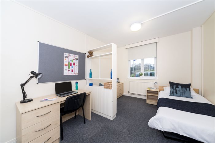 Bed, bedside table, drawers, shelves and desk in Graham bedroom