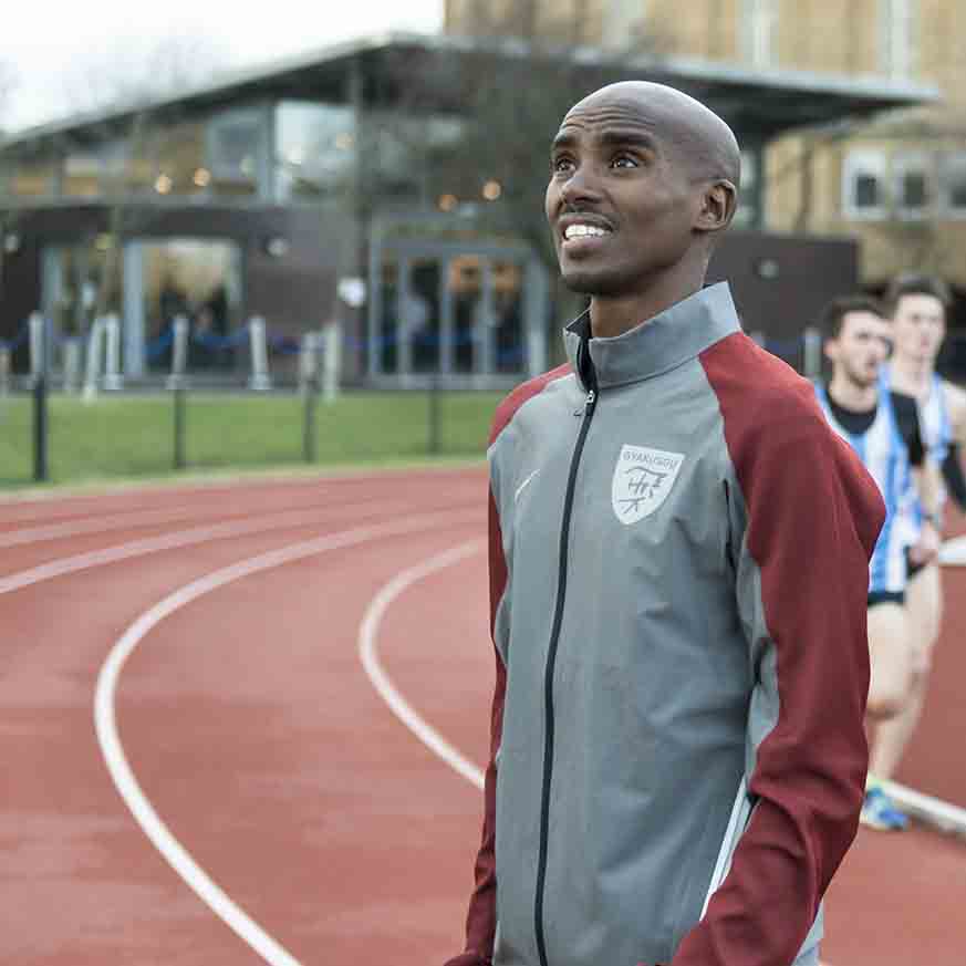 Mo Farah on St Mary's University athletics track