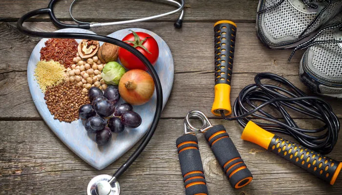 Healthy food and exercise equipment