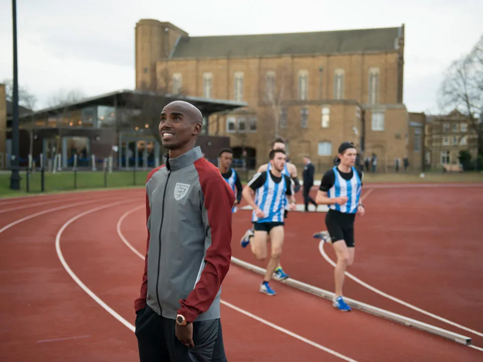 Mo Farah on the St Mary's University athletics track