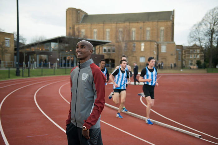 Mo Farah on the St Mary's University athletics track