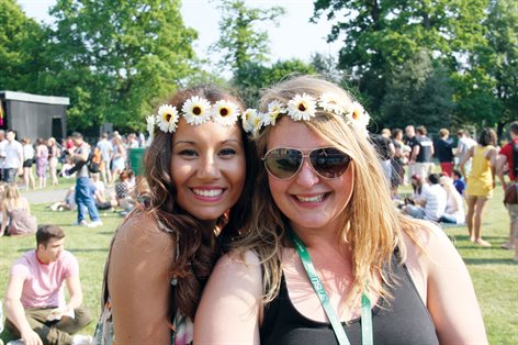 Two students smiling at a music festival at St Mary's