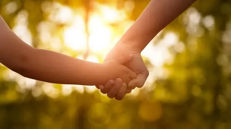 Close up of a child's handholding their parent's hand
