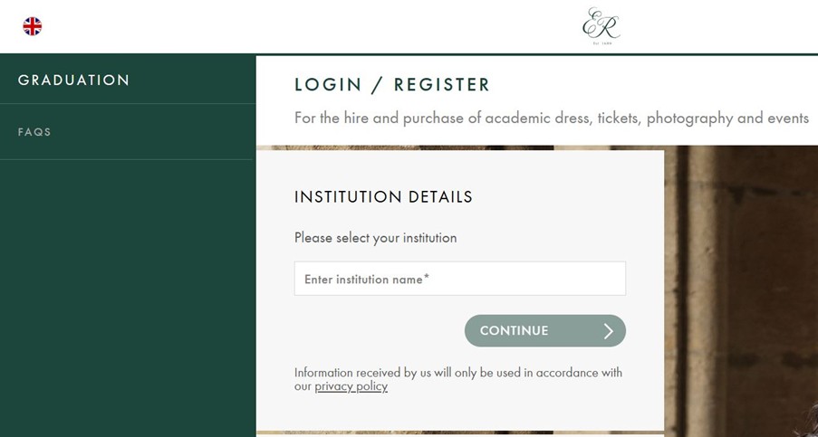The Ede & Ravenscroft website displaying the institution details field.