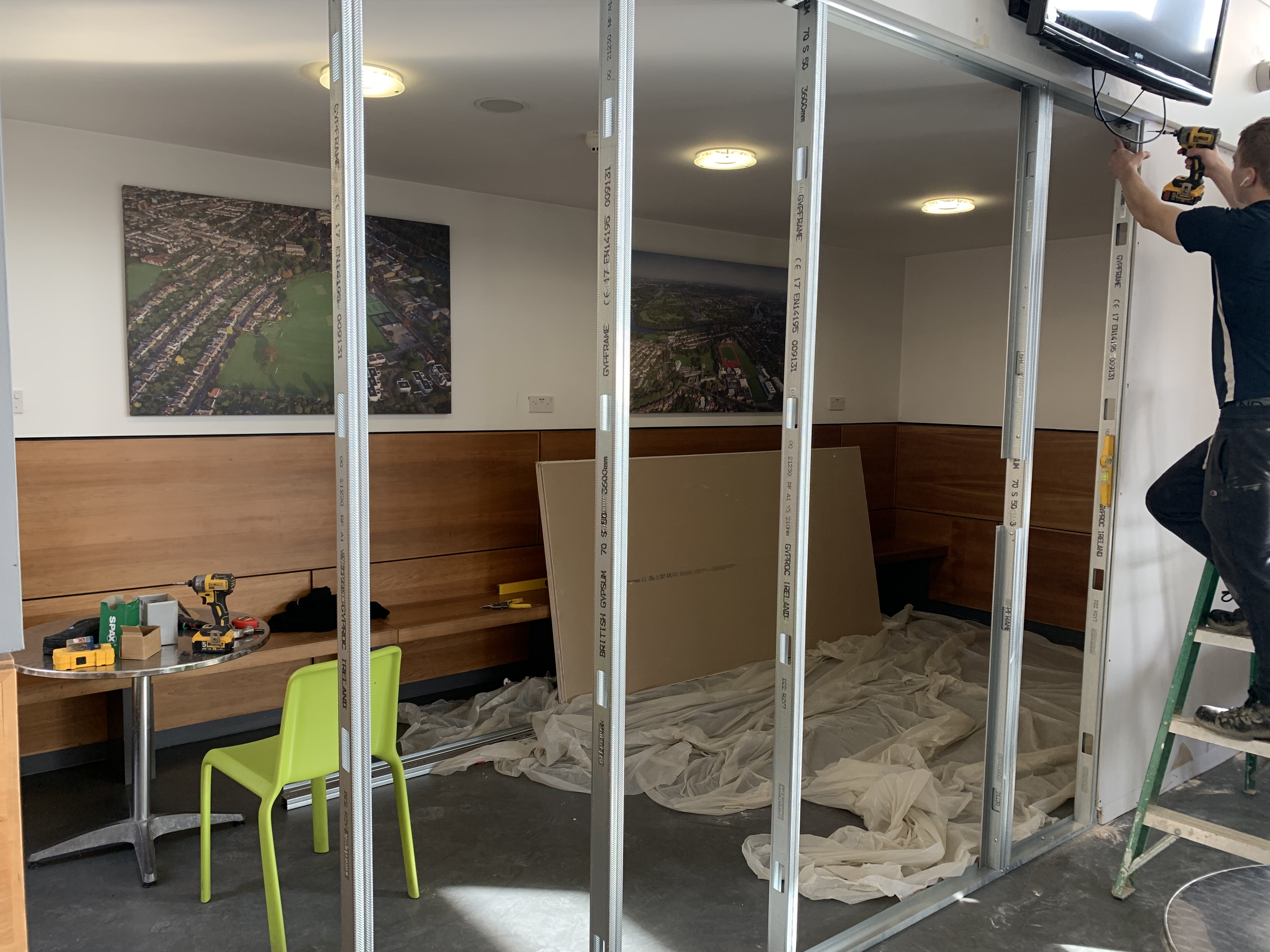 Installation of temporary wall to allow creation of corridor from Library