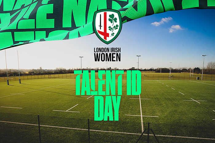 photo or rugby pitch with green text over top saying 'London Irish Women Talent ID Day'