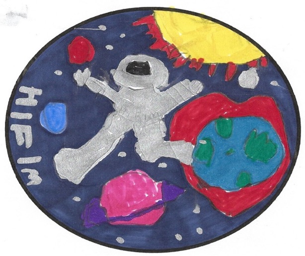 drawing of astronaut jumping in space above the earth with planets, the sun and stars in the background the letter h i f i m are on the left