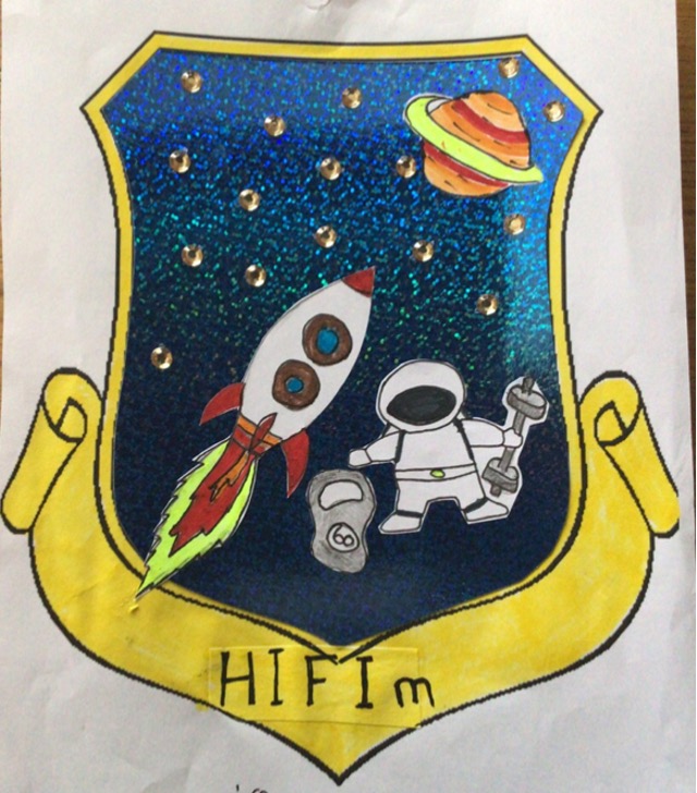 drawing of astonronaut holding a dumbell in front of a rocket launching with stars and a plannet in the background above text saying h i f i m