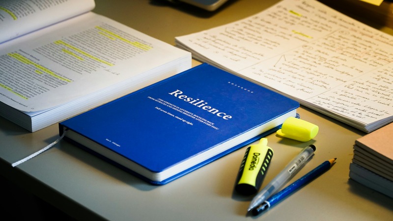 Revision notes, a highlighted textbook and a notebook on a desk during exam preparation