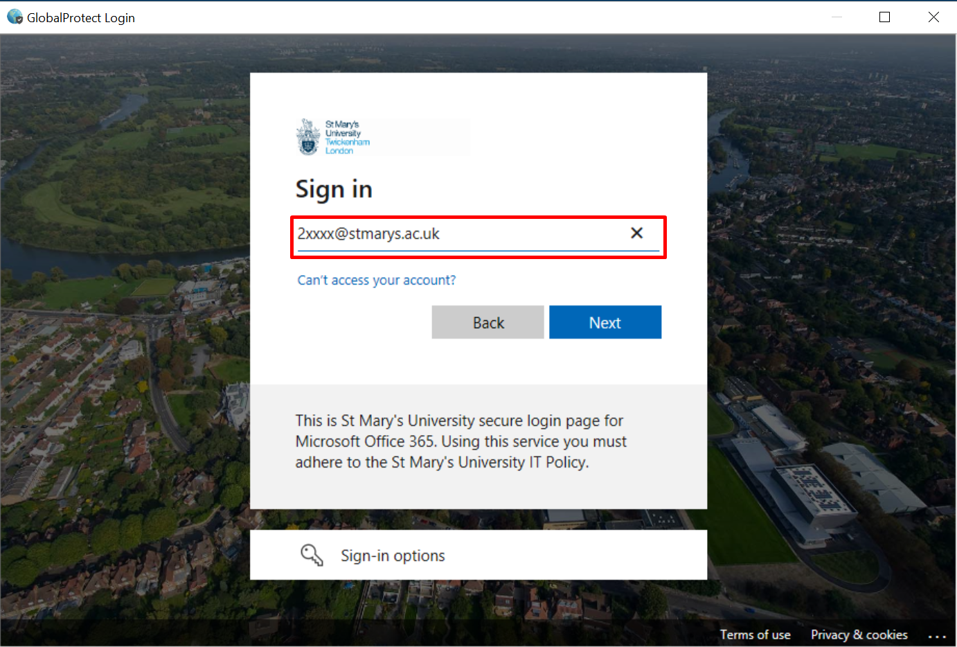 Red box around the section where you input your username@stmarys.ac.uk