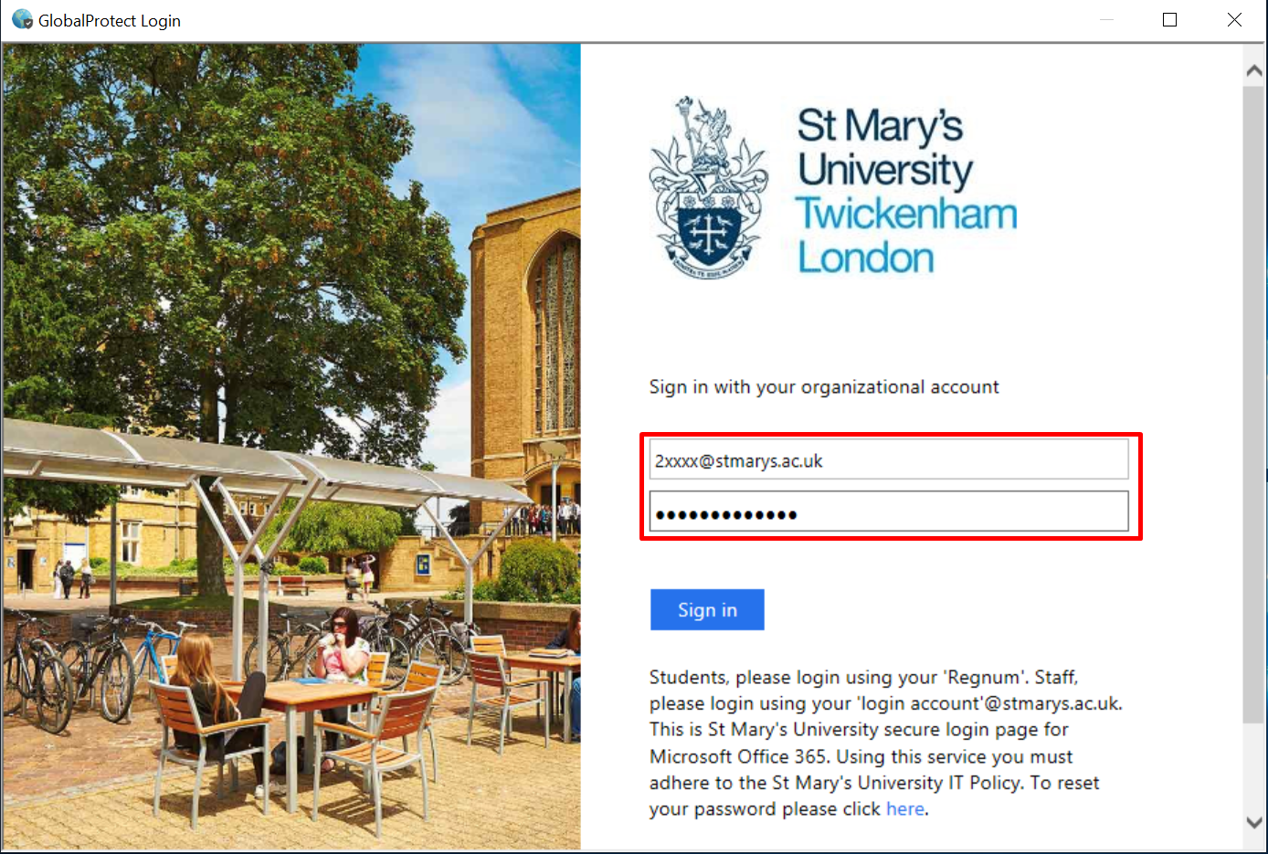 A red box around the login area of the St Marys page where you input your username@stmarys.ac.uk and password