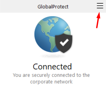 An arrow pointing to the three lines of the top right corner of the Globalprotect box