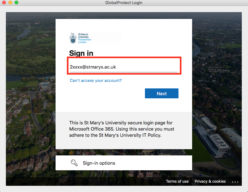Red box around the section where you input your username@stmarys.ac.uk