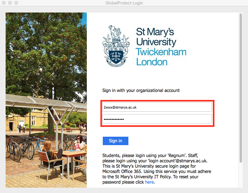 A red box around the login area of the St Marys page where you input your username@stmarys.ac.uk and password