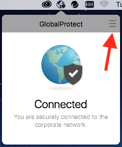 An arrow pointing to the three lines of the top right corner of the Globalprotect box