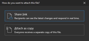 Screenshot showing share link or attach as a copy