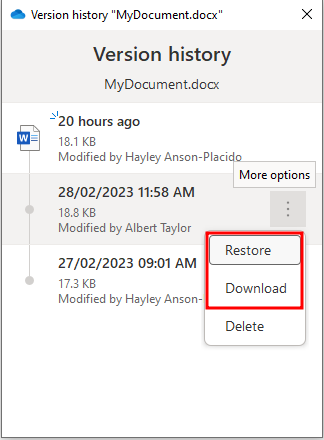 Screenshot showing the restore and download on version history