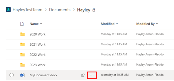 Screenshot showing hovering over a document and three dots appearing