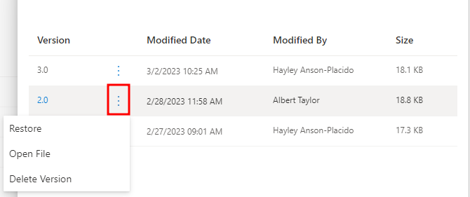 Screenshot showing restore, open file and delete version
