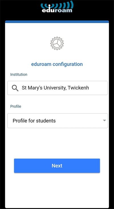 Eduroam configuration profile selected for students