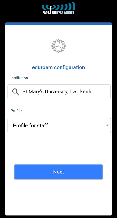 Eduroam configuration profile selected for staff