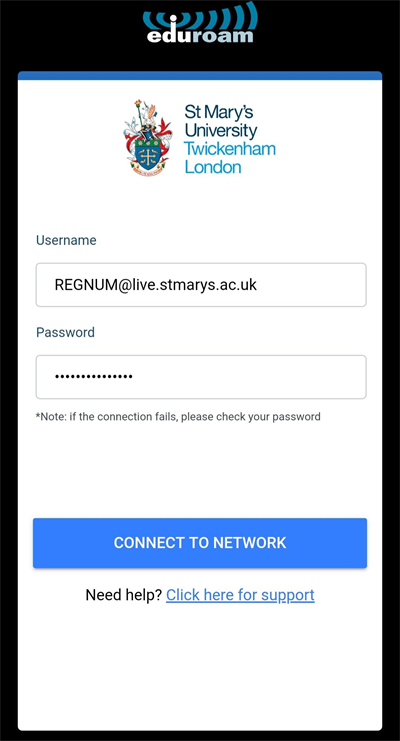 Login with username with Regnum@live.stmarys.ac.uk and password