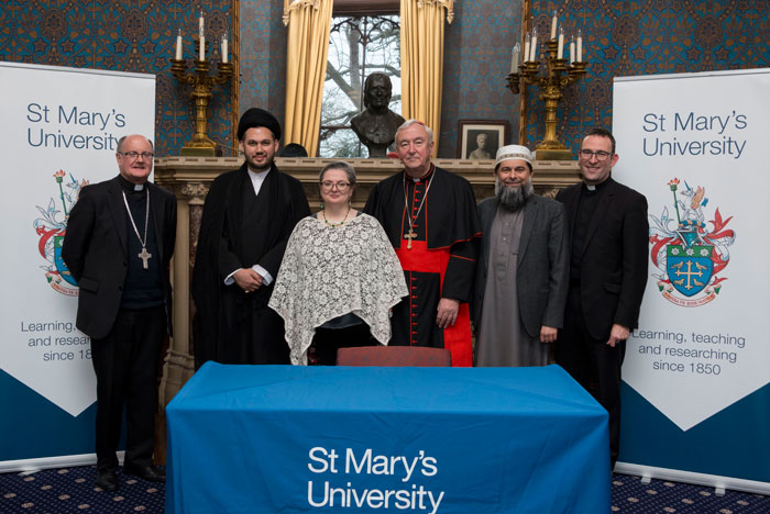 From L to R: Bishop McKinney, Sayed Razawi, Dr Maureen Glackin, HE Cardinal Vincent Nichols, Sheikh Mogra, Rev Joe Moffatt