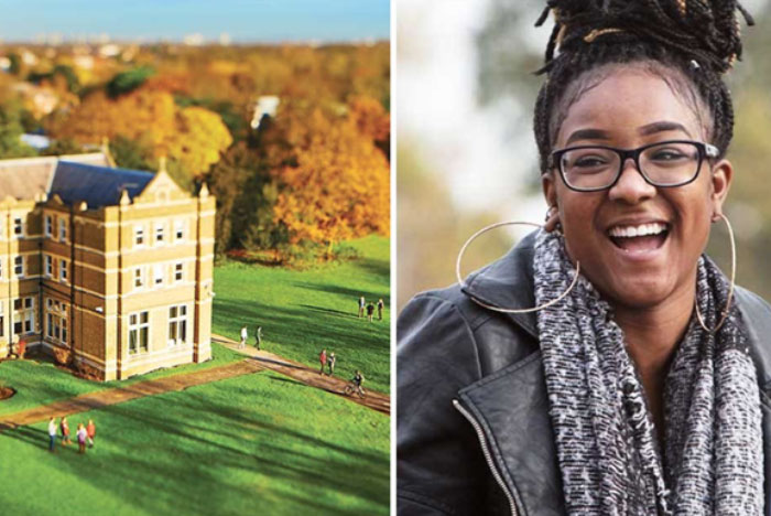 Student smiling and campus from the air