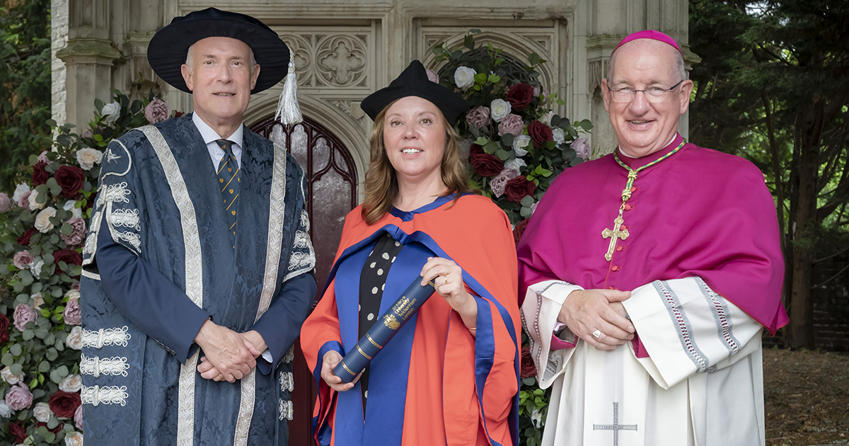 Group photo of Prof Anthony McClaran, Dame Rachel de Souza, Bishop Richard Moth