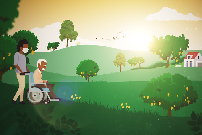 illustration of man wearing mask pushing man in wheelchair in a field with trees and hills in the background with the sun rising. 
